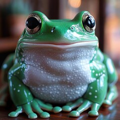 A close up of a vibrant green frog sitting on a wooden surface in a cozy indoor setting