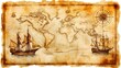 © KHF - Vector illustration of a vintage map of the Caribbean Sea on worn parchment, featuring ships, islands, land, wind rose, and cardinal points, with a fantasy world design