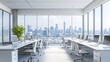 © KHF - Wide open office space with modern desks and chairs, large windows overlook cityscape, minimalist white and gray interior concept