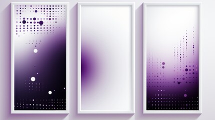 set of 3 frame Abstract violet gradient poster background vector set. Modern cover template with violet and white perspective geometric prism shape, halftone dot. 