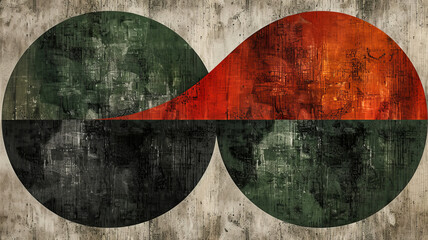 this artwork features two overlapping circles in muted shades of green, black, and orange. the textu