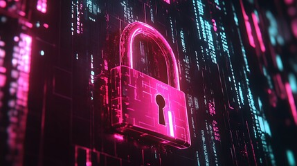 A glowing, pink padlock with a keyhole sits on a background of binary code, highlighting the importance of digital security.