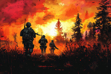 Amidst a vivid backdrop of flames and smoke, soldiers cautiously make their way through a burning area, demonstrating determination and focus during a critical military mission at sunset.