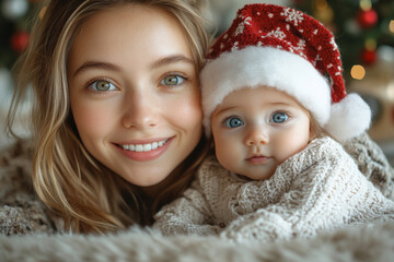 Baby wearing santa hat. Beautiful young mother and her adorable little baby in warm knitted hats and scarves on the background of the Christmas tree. Happy family concept.