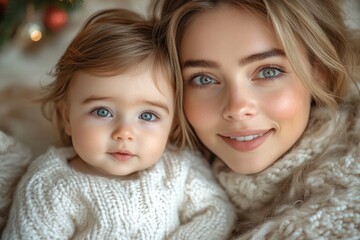 Beautiful young mother and her adorable little baby in warm knitted hats and scarves on the background of the Christmas tree. Happy family concept.