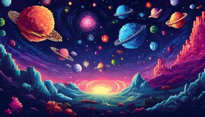 Wall Mural - A vibrant pixel art landscape showcasing a galaxy filled with colorful planets and swirling nebulae at twilight. Generative AI