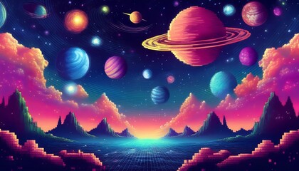Wall Mural - A vibrant pixel art landscape featuring distant galaxies, colorful nebulae, and twinkling stars in space. Generative AI