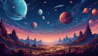 Wall Mural - A pixelated backdrop of a barren alien planet with rock formations and vibrant celestial bodies in the sky. Generative AI