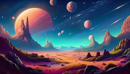 Wall Mural - A pixelated backdrop of a barren alien planet with majestic mountains and vibrant planets in the night sky. Generative AI