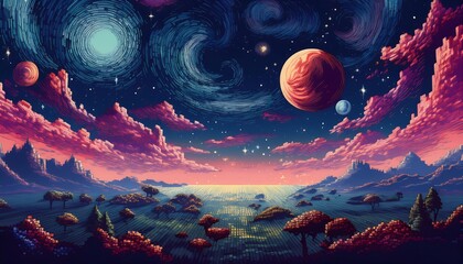 Wall Mural - A vibrant retro pixel art depiction of outer space with planets and a colorful starry sky. Generative AI