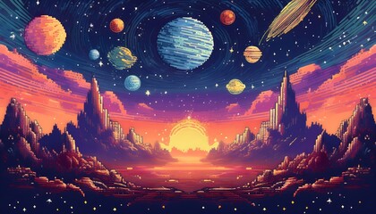Wall Mural - A vast retro pixel art backdrop featuring colorful planets and a glowing sunset in expansive outer space. Generative AI