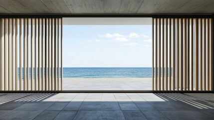 Sticker - Balcony room with sea and beach view from the window. Modern interior with wooden slat wall panels and concrete tiles. Terrace mockup with sunlight