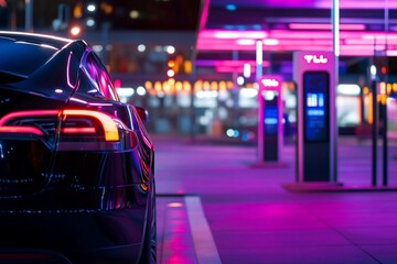 A sleek car parked near colorful charging stations at night.