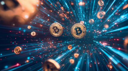 Aufkleber - Bitcoin cryptocurrency coins exploding from center on blue digital background