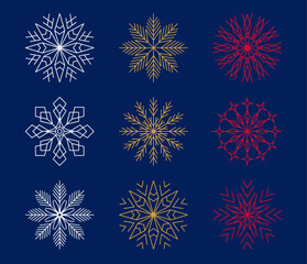 Aufkleber - Gold, silver, white snowflakes isolated on blue background. Winter snowfall element set for Christmas or New Year greeting card. Xmas ornament design. Editable stroke Vector illustration