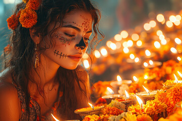 Wall Mural - A woman lighting candles in front of an altar as the sun sets, preparing to welcome the spirits of her loved ones during D­a de los Muertos.