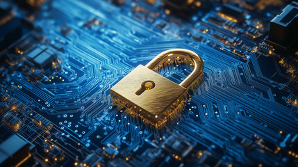 Fototapete - Golden padlock resting on computer circuit board symbolizing cybersecurity