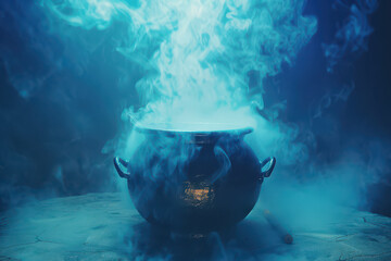 Bubbling witch's cauldron with fog. Magic effect. Halloween background