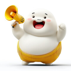 A delightful cartoon character with a round body and bright smile holds a yellow megaphone, joyfully spreading cheer in a vibrant and playful atmosphere that invites festivities and fun.