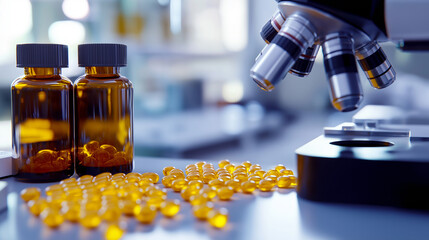 Poster - Microscope analyzing vitamin pills in a medical research lab