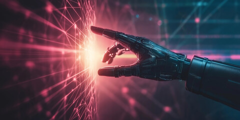 Poster - Robot hand interacting with futuristic digital interface in pink and blue colors