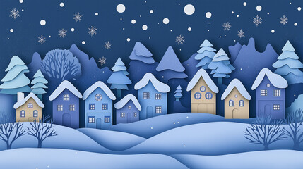 Wall Mural - Paper cut landscape showing winter wonderland with snow falling on houses at night