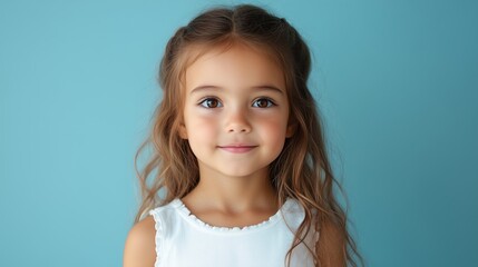 Adorable young girl with long wavy hair and pigtails wearing a white top, standing in front of a blue background, smiling sweetly at the camera, cute and innocent look