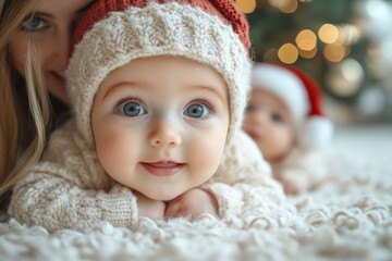 Cute little girl in ehitr sweater at home on Christmas eve, looking at camera. Portrait of cute little girl in knitted sweater on Christmas background.