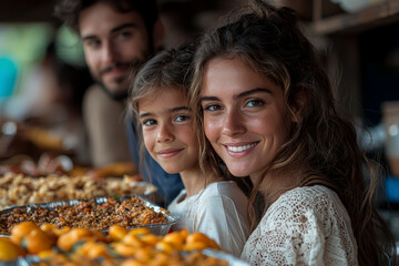 Poster - A family volunteering together at a shelter, serving food and sharing smiles with the people they help.