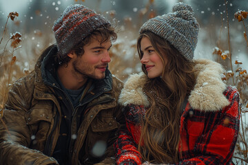 Canvas Print - A couple sitting on a bench, quietly holding hands and smiling at each other in a moment of peaceful togetherness.