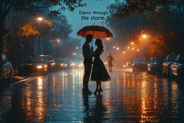 Poster - A couple dancing in the rain, with 