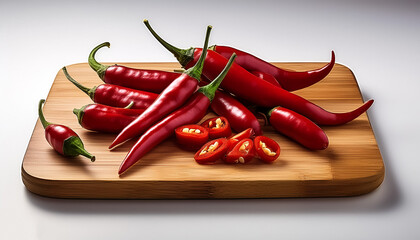 A bunch of red chilies with some whole and cut chilies placed on a cutting board on a white background