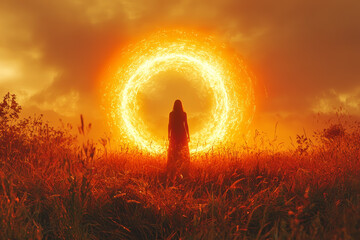 Poster - Sun rays creating a golden halo around a person standing in a field, representing warmth and energy. Concept of vitality.