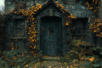 Poster - An old abandoned house, with nature reclaiming it as vines grow over the walls. Concept of forgotten history.