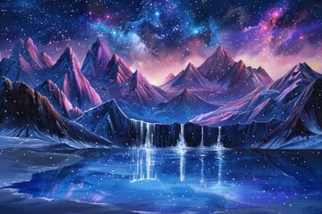 Wall Mural - a painting of a mountain range with a waterfall and a blue sky, generative ai image