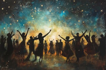 Wall Mural - A painting of a group of women dancing in the night sky, generative ai image