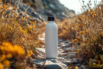 Sticker - A clean, white water bottle on a hiking trail, ready for outdoor branding mockup.