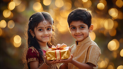 Little brother giving surprise box to sister at raksha bandhan festival