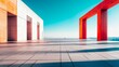 © Andrii - Vibrant architectural contrast: sleek white building meets bold red structure on expansive terrace overlooking serene horizon, creating striking visual harmony.