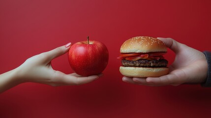 One hand holding apple fruit, other holding hamburger. Healthy natural organic fresh vegetarian food vs unhealthy processed fast junk food meat