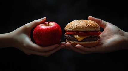 One hand holding apple fruit, other holding hamburger. Healthy natural organic fresh vegetarian food vs unhealthy processed fast junk food meat