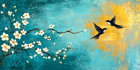 A serene artwork featuring two birds flying against a vibrant background of teal and gold. The delicate branch blossoms softly juxtapose the dynamic movement. A perfect blend of nature. AI