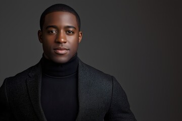 Confident African American Man in Black Turtleneck and Jacket Posing Against a Studio Background, Freelance, Business, Marketing, Finance, Employees