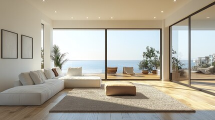 A minimalist white living room interior design creates a serene and uncluttered space.