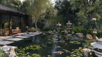 Wall Mural - Tranquil Japanese Garden with Koi Pond and Lanterns