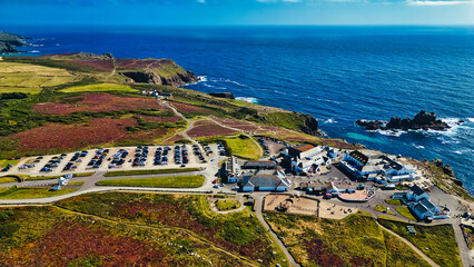 Aerial Coastal View with Parking and Buildings at Land's End, Cornwall, UK