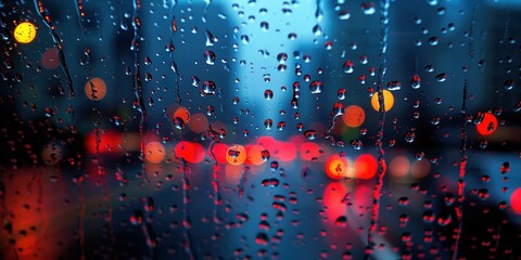 Wall Mural - A rainy evening view through a water droplet-covered window with blurred red and orange city lights in the background, creating an ambient urban atmosphere