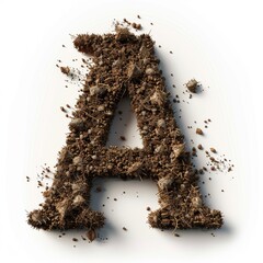 Dirt letter A, soil isolated on white, letter of the English alphabet isolated on white background.