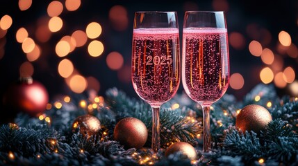 A festive celebration scene with two filled champagne flutes showing the year 2025, surrounded by holiday decorations including ornaments and fairy lights