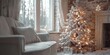 © aicandy - A cozy living room adorned with a beautifully decorated snow-flocked Christmas tree, warm lighting, and wrapped presents, creating a festive holiday ambiance